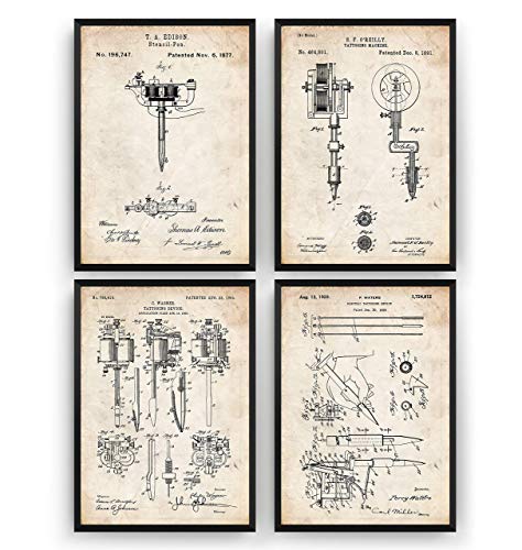 Tattoo Machine Patent Affiche De Brevet - Lot De 4 Affiches - Patent Poster Tattooist Artist Studio Giclee Print Art Decor Décoration Cadeau Gift - Frame Not Included