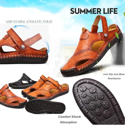 Soft Leather Men's Outdoor Sandals, Hand Stitching Outdoor Closed Toe Leather Sandals Athletic Strap Adjustable Outdoor Beach Shoes3