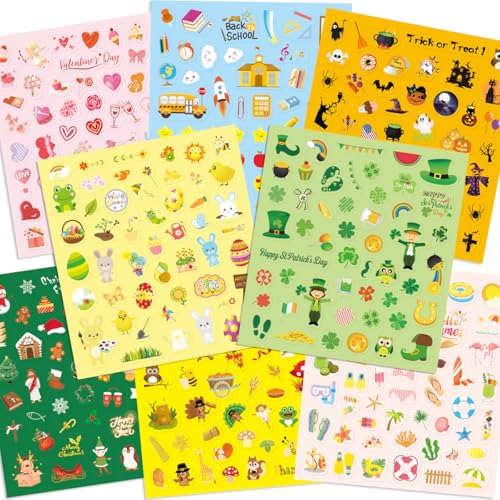 Fancy Land 16 Sheets Holiday Stickers Assortment 800 Seasonal Stickers for Kids Children St. Patrick’s Day Easter Birthday Party Favors