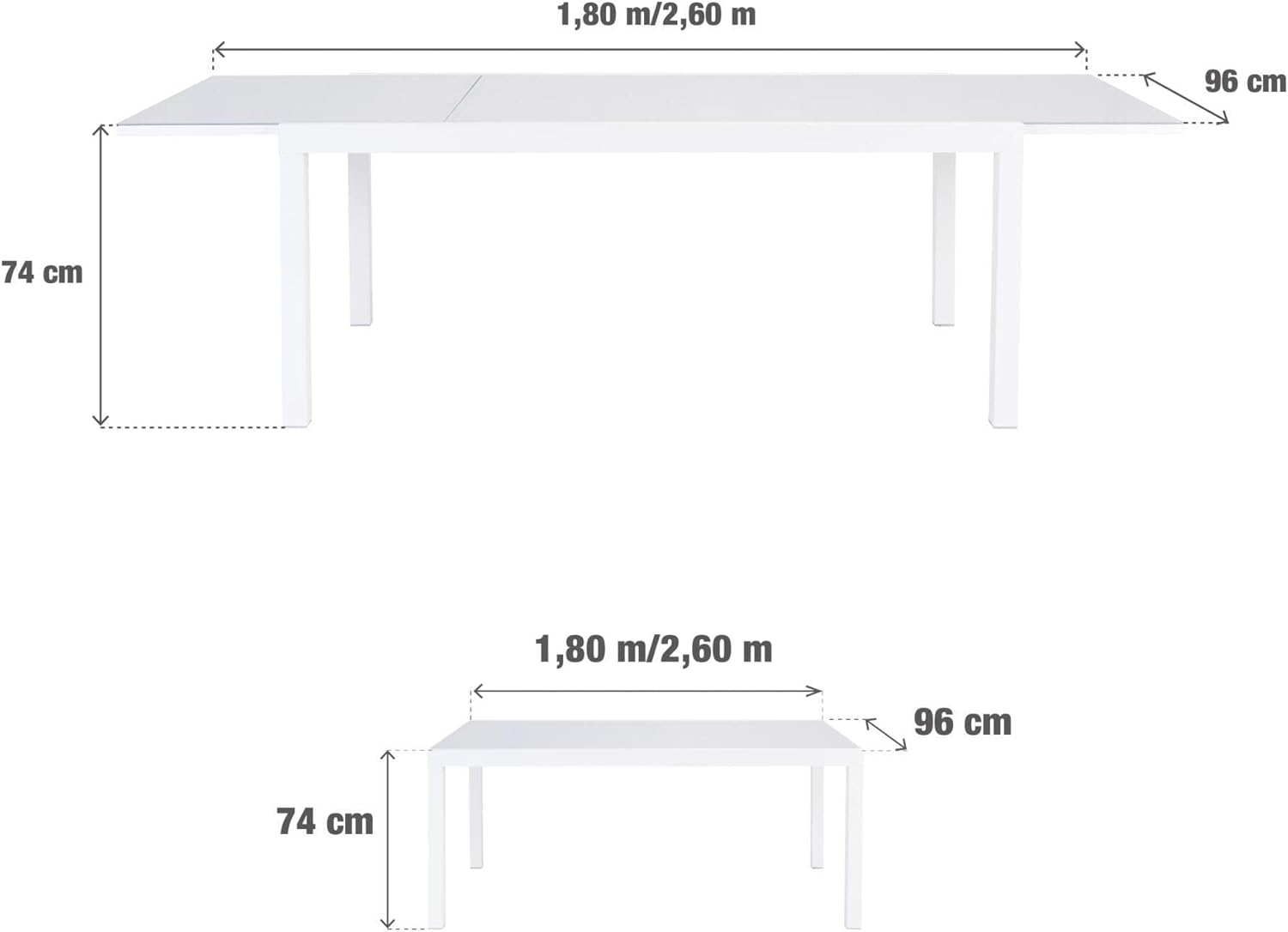 Diagram showing the dimensions of the NATERIAL LYRA table in both compact (1.80m) and extended (2.60m) configurations, with a width of 96 cm and height of 74 cm.