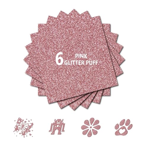Image of 3D Puff Glitter HTV, 6-Pack 12 inchx10 inch Sheets. Iron-On Vinyl for Fabrics, Compatible with Cricut & Cameo for Easy DIY T-Shirts & Crafts. (Pink Glitter Puff, 12 inch x 10 inch)