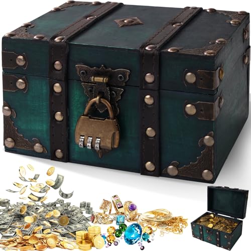 Otauoaea Coffre Trésor Vintage en Bois, Boite avec Cadenas Pirate, Coffre fort Enfant Bois a Code Boîte à Bijoux avec Couvercle Pour Enfant Tirelire pour...