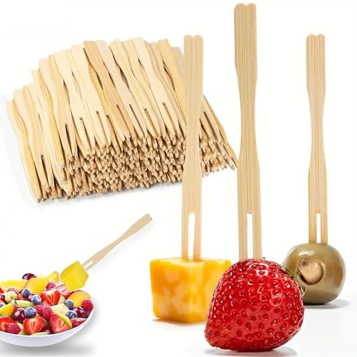 Bambus Obstgabel,400 Pcs Bambusgabeln Mini Bamboo Forks Einweg Fruchtgabeln Fingerfood Holz Bambus Picker für Party Geburtstag Camping Und Picknick