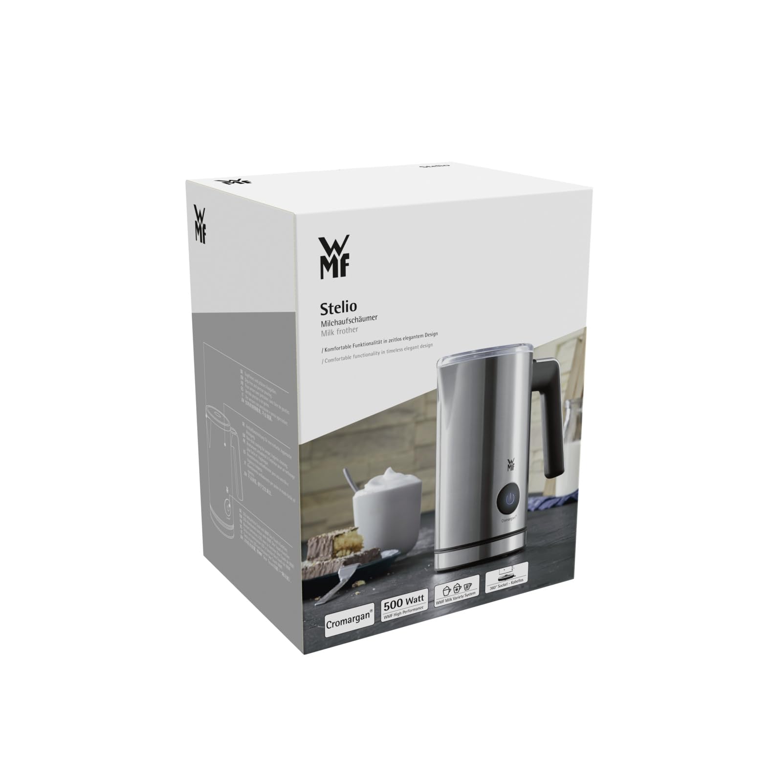 WMF Stelio Milchaufschäumer elektrisch, 500 Watt, 150-250 ml, Antihaftbeschichtung, kabellos, für Milchschaum heiss und kalt, heiße Schokolade, cromargan matt/silber