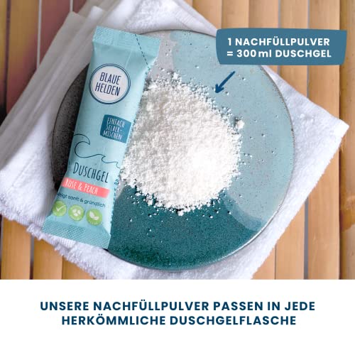 Blaue Helden Duschgel Rose & Peach Starterset (Flasche+1xPulver) + 3x Nachfüll-Pulver für 1,2 l Duschgel | Vegan | Biologisch abbaubar| Ohne Mikroplastik