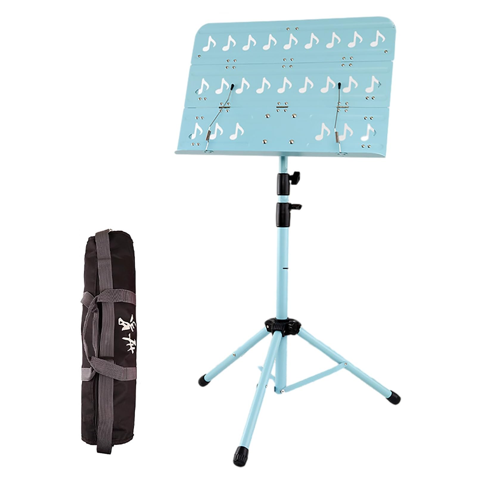 Soporte para partituras con bolsa de transporte, plegable, de metal, con diseño de notas musicales, estantes compactos para banda y viajes, opción de color azul y negro