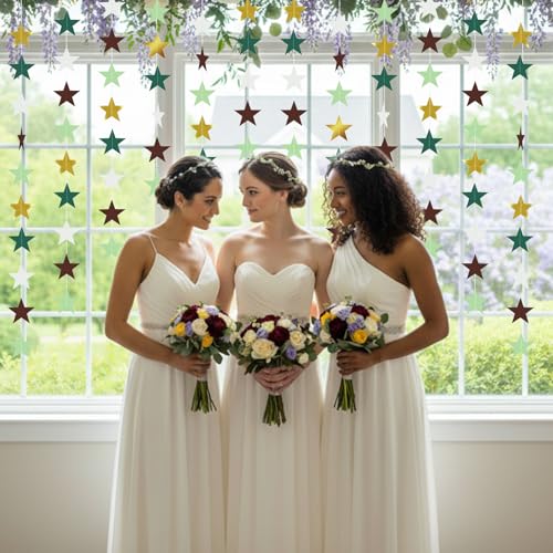 Image of Patelai 130 Feet Glitter Star Garland Banner 2026 Party Decoration Double Side Star Hanging String Streamer Paper Twinkle for Graduation Wedding Birthday (White,Light /Dark Green,Brown,Gold)