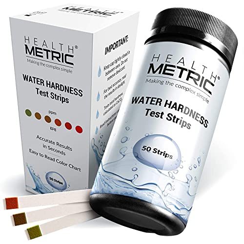 Health Metric Test Dureté de L'eau - 50 pcs - Kit Testeur Analyse Durete Eau Potable Rapide & Facile - Bandelettes Idéales pour Adoucisseur d'Eau, Lave-Vaisselle, Spa, Piscine Cover