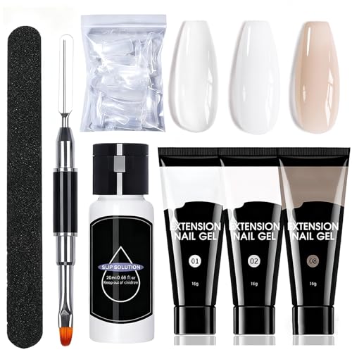 Poly Gel Nail Kit - 3 Colours Clear White NudeBrown Poly Nails Extension Kit - Nail Builder Gel Set with Slip Solution for Polygel Nails - Polygel Nails Set Art DIY for Women