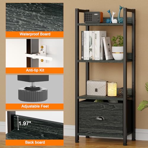 Image of Furologee 4 Tier Bookshelf with Drawer, Small Narrow Bookcase, Wood and Metal Standing Shelf Unit, Industrial Display Storage Shelves Organizer for Bedroom, Living Room, Entryway, Black