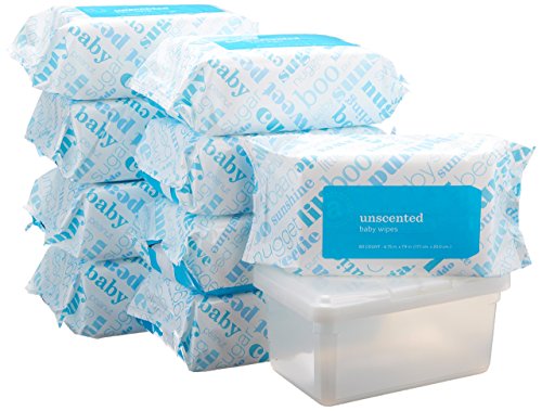 Image of Amazon Elements Baby Wipes, Unscented, 720 Count, Resealable Packs with Tub