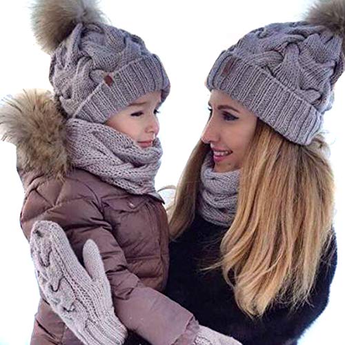 Yinuoday 2 unids madre y bebé sombrero de la familia a juego gorro de invierno calentador de lana de punto gorro de esquí, gris, Talla única Cover