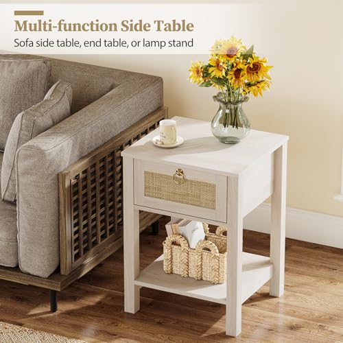 Image of Eclatara Rattan Nightstand: Sturdy White Night Stand with Rattan Decor Drawer, Farmhouse Nightstand Bedside Table Boho End Tables Side Tables for Bedroom (Cream White Oak,1 Piece)