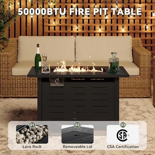 Image of Aoxun 40 Inch Outdoor Propane Fire Pit - 50,000 BTU Gas Fire Pit Table with Lava Rocks, Patio Heater Rectangle Fire Table with Removable Lid & Waterproof Cover for Deck, Backyard, Garden, Black