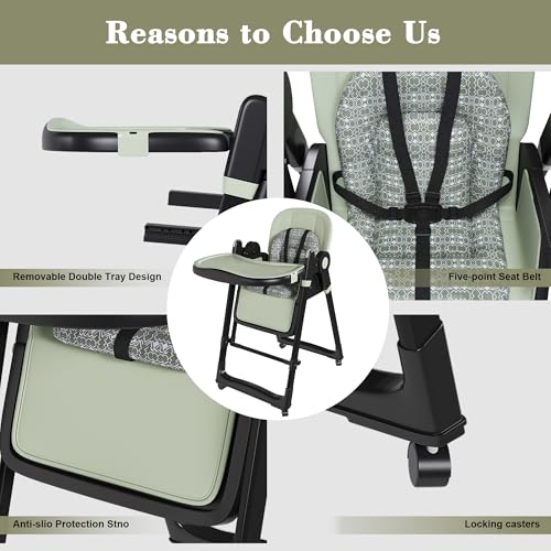 Image of Foldable Baby High Chair with 150 Swing & Recline,Convertible High Chairs for Babies and Toddlers,5 Height Levels,3 Backrest & Footrest Positions,Removable Double Tray,Lockable Wheels (Dark Green)