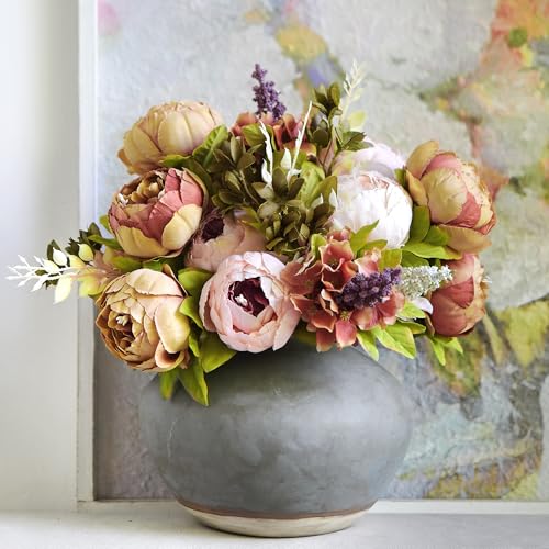 Image of FiveSeasonStuff Artificial Peony Bouquets, 2 Silk Flower Bundles in Mixed Pale Pink & Tawny Brown with Hydrangeas for Wedding Centerpieces & Home Decor