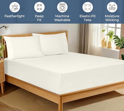 Image of Royale Linens 100% Organic Cotton Fitted Sheet - Percale Weave - Super Soft Deep Pocket Bottom Sheets - Ivory Elastic Sheet Queen Size - Queen Fitted Sheets Only - (60 inchx80 inch+15 inch, Ivory)
