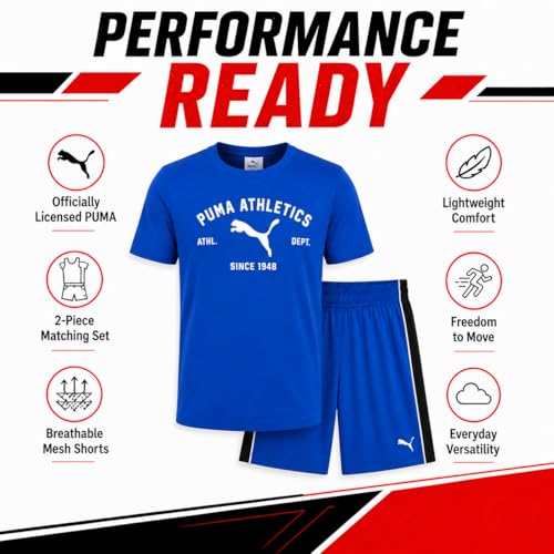Image of PUMA Boys Short Set - 2 Piece Short Sleeve Crewneck Performance Graphic Tees and Athletic Mesh Shorts for Boys (Sizes: 4-16)