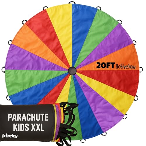Image of Activejoy - Parachute for Kids - 8ft /12ft / 16ft / 20ft / 24 ft / 30ft - Rainbow Parachute Toy with Handles - Great for Gym Class, Field Day & Outdoor Games
