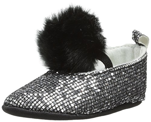 little me baby-girls newborn silver glitter on black with faux fur pom pom mary jane, silver, 0-6 months
