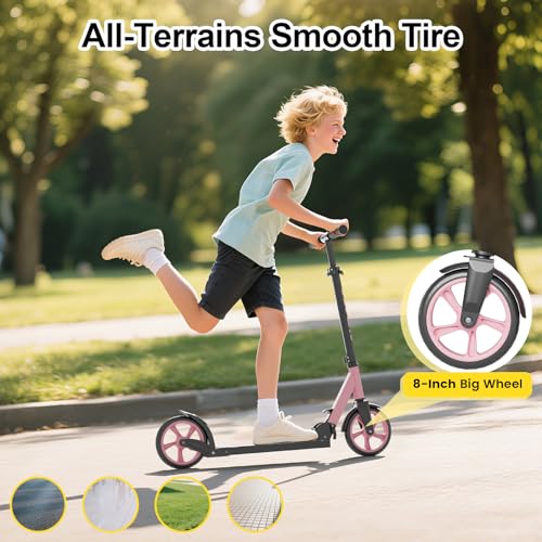 Image of SIMATE Kick Scooter for Kids Teens & Adults, 4 Adjustable Heights, 8IN All Terrain Big Wheels, Foldable and Lightweight, Gifts for Girls Boys