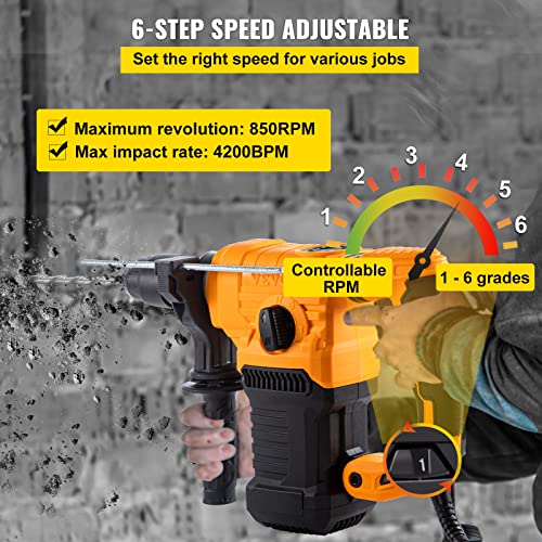 Vevor Rotary Hammer, 1" Sds - Plus Hammer Drill With 4 Functions & 360 Degree Rotating Handle, 9.5A 1050W Variable Speed 0-850Rpm Corded Hammering Machine, Includes Chisels, Drill Bits And Case #TOP4