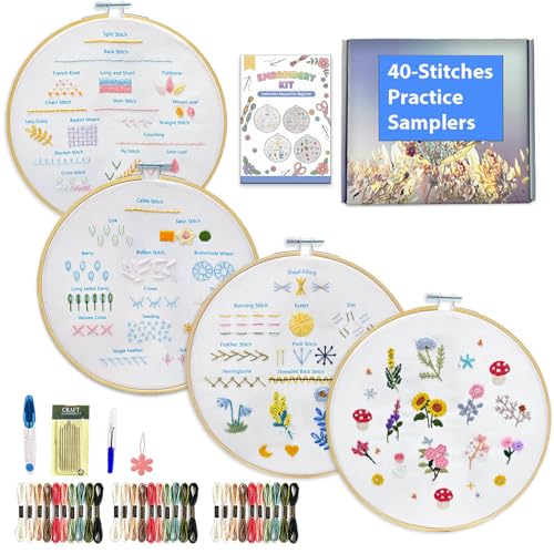 Image of Sutesloly Hand Embroidery Kit for Beginners Adults, 4 Sets Learn to Floral Patterns Simple Starter kit for Beginners, Easy Practice Kit, 7.8inch Hoop, DIY Craft Gift for Women, Pink and Blue