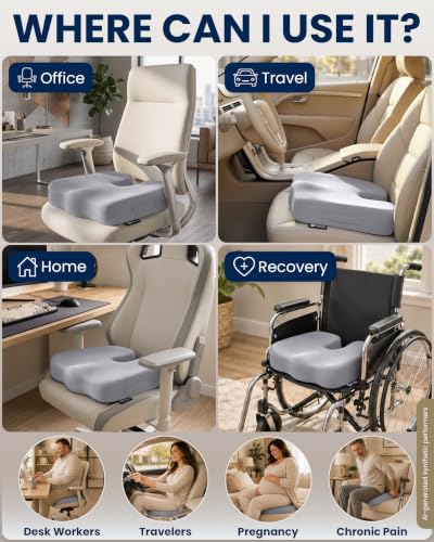 Image of 5 STARS UNITED Seat Cushion - Memory Foam Chair Cushion for Tailbone Pain Relief - Ergonomic Support for Coccyx, Sciatica & Butt - Office, Desk & Gaming Chair, Car Seat, Wheelchair, Airplane, L Gray