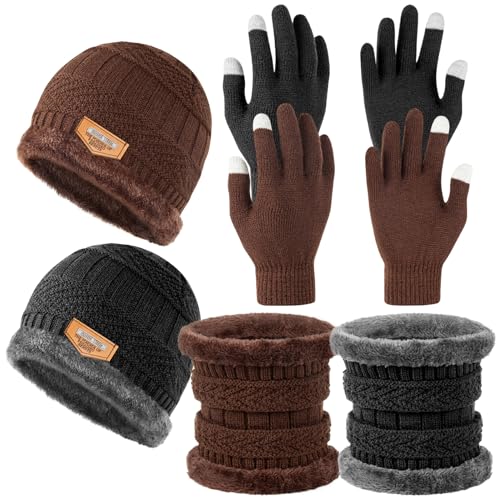 6Pcs Adult Winter Knit Hat Scarf Touchscreen Gloves Set Beanie Cap Neck Gaiter Scarf 3-in-1 Warm Set for Women Outdoor Activity (Black & Brown)