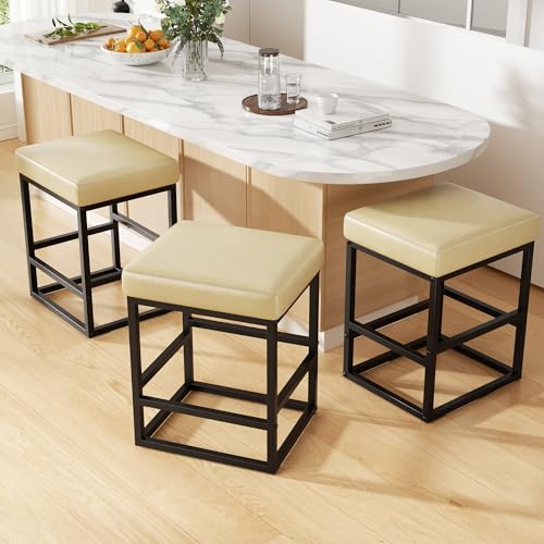 Image of Bar Stools Set of 5, 24in Counter Height Barstools, Faux Leather Counter Stools with Thick Square Seats & Sturdy Metal Base, Modern Bar Chairs for Kitchen Island (Beige)