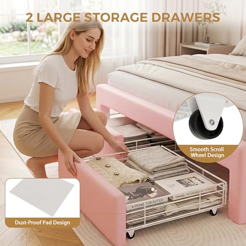 Image of Pink Queen Size LED Bed Frame with Storage Headboard, Upholstered Velvet Wood Princess Bed for Girls with 5 Charging Ports (USB-C & AC), Hidden Compartment, Sturdy Aluminum Frame & 2 Silent Drawers