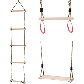 Amazon.com: KAKIBLIN - Escalera de cuerda de escalada para niños, barra trapecio con anillos y columpios para colgar, columpios de gimnasia para juegos de columpios al aire libre, juegos de juegos de