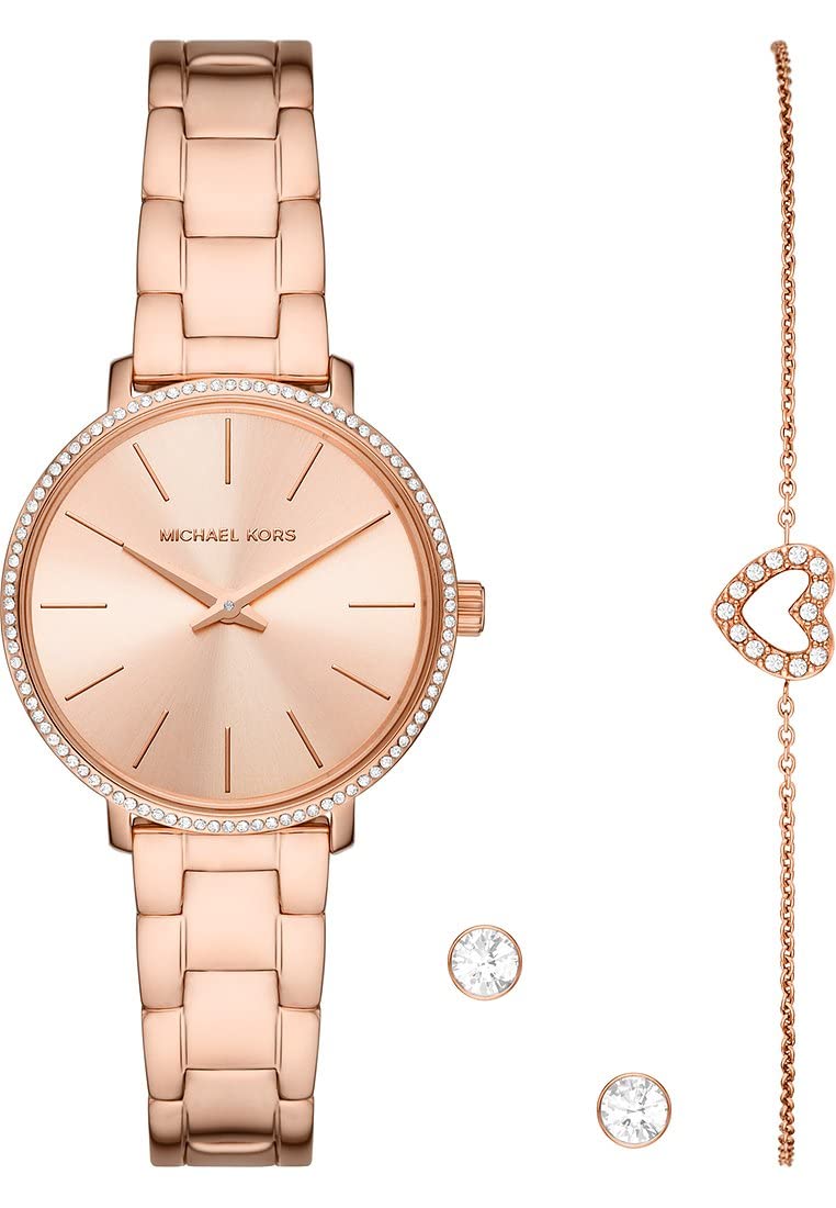 Michael Kors Orologio Pyper per donna, movimento al quarzo a due lancette con cinturino in acciaio inossidabile, PVC o pelle, 32 mm, Set oro rosa e glitter