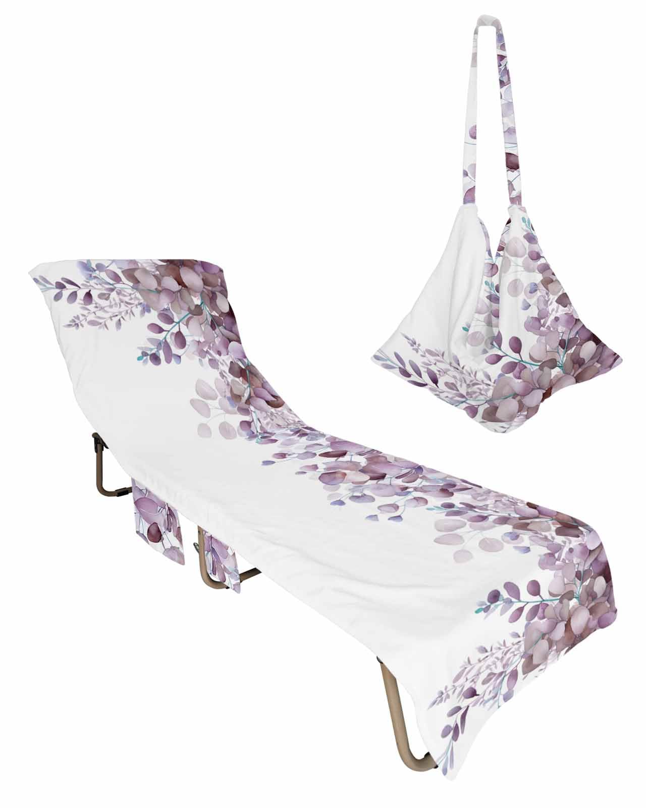 Beach Pool Patio Lounge Chaise Chair Cover Towel with Pockets,Modern Eucalyptus Absorbent & Quick Dry Microfiber Towel Cover Bag Summer Travel Accessories Botanical Leaves Minimalist White