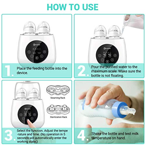 Baby Bottle Warmer, 【2020 Newest】 EIVOTOR Bottle Steam Sterilizer 6-in-1 Double Bottle Baby Food Heater for Evenly Warm Breast Milk or Formula, LED Panel Control Real-time Display, BPA Free - Thumbnail 5