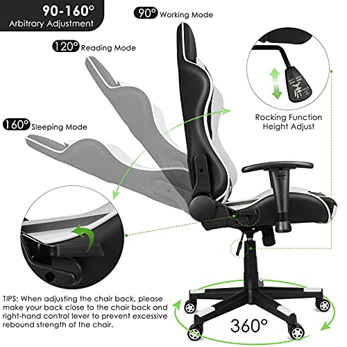 Gamestoel race gamingstoel ergonomische bureaustoel met verstelbare armleuningen nekkussen Instelbare zithoogte,stalen frame, 160° hellingshoek instelbaar belasting 200 kg, zwart en wit - Image 6