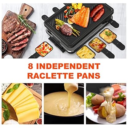 Raclette 8 Personen Raclette Grill Tischgrill Elektrisch 8 Pfännchen und Holzspatel Korean BBQ Grill Elektrogrill Antihaftbeschichteter Regulierbare Temperatur 1300 Watt, Schwarz – Bild 3