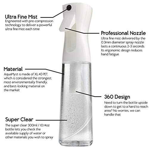 Aquamyst Continuous Spray Mist Water Bottle - Ultra Fine Pressurized Mister For Hair, Crafts, Painting, Plants - 300Ml / 10.14 Ounce Bottle - 2 Pack #TOP1