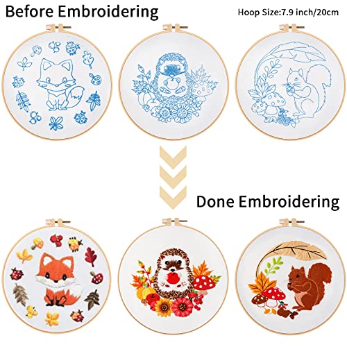 Image of Louise Maelys 3 Set Animal Embroidery Kits for Beginners with Autumn Squirrel Hedgehog Fox Pattern,Adults Starter Cross Stitch Kit DIY Needlepoint
