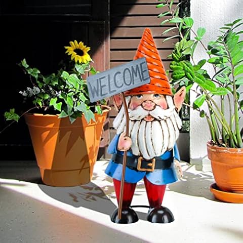 Chisheen Garden Gnome Statues Outdoor, Metal Gnomes Garden Decorations with Welcome Sign, Large Vintage Gnome Garden Decor for Yard Outdoor Decoration, 13.4 inches Cover