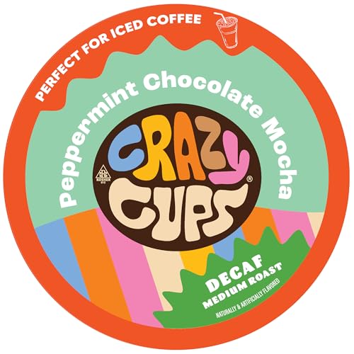 Crazy Cups Decaf Flavored Coffee Pods, Peppermint Chocolate Mocha, Decaffeinated Coffee for Keurig K Cups Machines, Hot or Iced Coffee, Decaf Coffee in Recyclable Pods, 22 Count (Pack of 1)