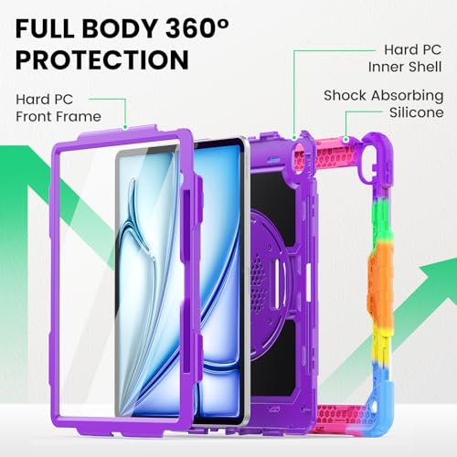 Image of SEYMAC for iPad Air 13 Inch Case M4 / M3 / M2 (2026 /2025 / 2024), Heavy Duty Shockproof Protective Case with Screen Protector, Rotating Stand, Hand /Shoulder Strap and Pen Holder, Colorful Purple