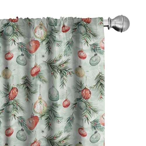 Ambesonne Christmas Window Curtains Pack of 2, Xmas Time Illustration of Globes and Pine Leaves Family Love, Lightweight Set with Rod Pocket, 4 Panels of - 28" x 84", Pale Mint Green and Vermilion