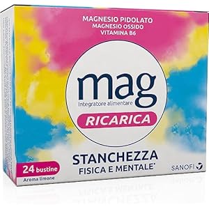 Mag Ricarica – Integratori per Adulti con Magnesio Pidolato, magnesio ossido, Vitamina B6, per Stanchezza Fisica e Mentale – Senza Glutine, Senza Lattosio (24 Bustine Aroma Limone)