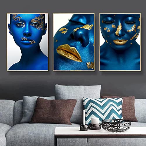 Peinture 50x70cmx3 Sans Cadre Portrait Moderne Femme Or Bleu