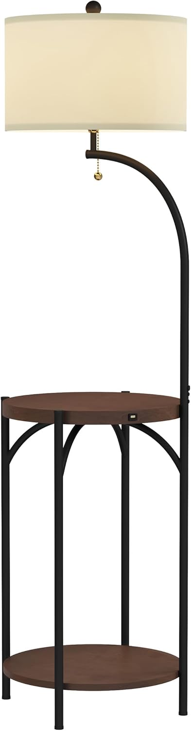 Floor Lamp with End Table - Modern Rustic Side Shelves with USB Charging Port, LED Light Bulb, and Drum-Shaped Shade - Standing Lights by Lavish Home