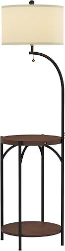 Miniatura 7 de Lavish Home Lámpara de pie con mesa auxiliar, estantes laterales rústicos modernos con puerto de carga USB, bombilla LED y pantalla en forma de