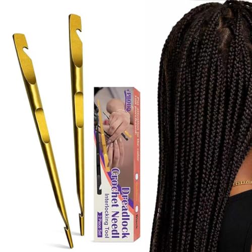 Dreadlock Retightening Tool, Interlocking Crochet Needle Set, Dual Ended Metal Needles for Locs and Sisterlocks (Gold 2-Pack)