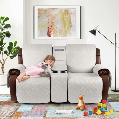 Image of KinCam 100% Waterproof Recliner Loveseat Cover with Console, Non-Slip Reclining Sofa Covers for 2 Seat, Furniture Protector with Elastic Straps for Kids, Pets, Beige