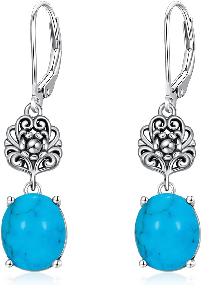3ct Genuine Turquoise Earrings for Women 925 Sterling Silver 10mm * 8mm Oval Cut Turquoise with Vintage Filigree Drop Earrings